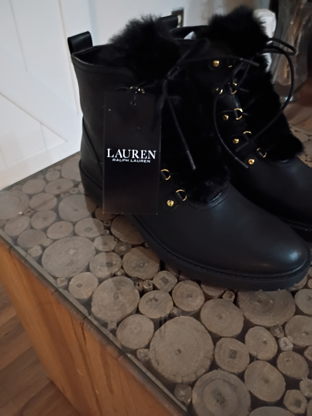 Lauren Ralph Lauren-Black Faux-Fur Genuine Leather Lace-Up Boots. (NWT!)